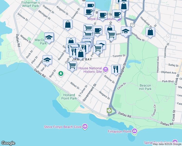 map of restaurants, bars, coffee shops, grocery stores, and more near 139 Clarence Street in Victoria