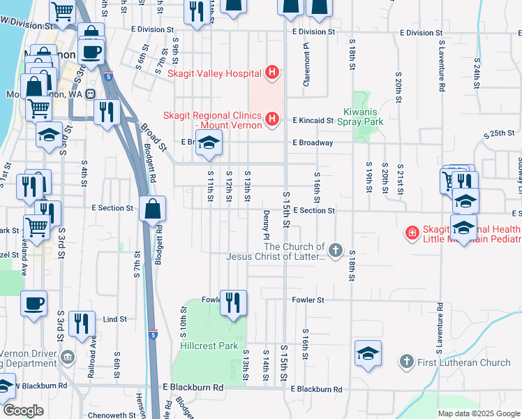 map of restaurants, bars, coffee shops, grocery stores, and more near 1120 South 13th Street in Mount Vernon