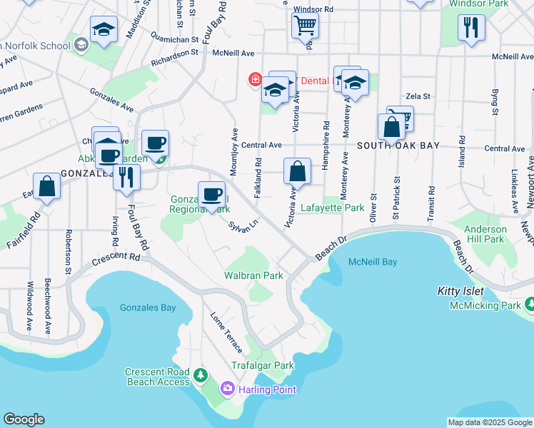 map of restaurants, bars, coffee shops, grocery stores, and more near 120 Beach Drive in Victoria