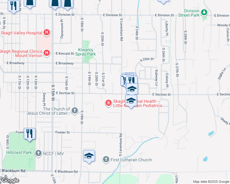 map of restaurants, bars, coffee shops, grocery stores, and more near 2133 East Section Street in Mount Vernon