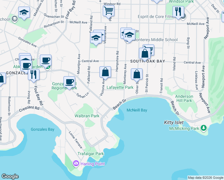 map of restaurants, bars, coffee shops, grocery stores, and more near 2183 Lafayette Street in Victoria
