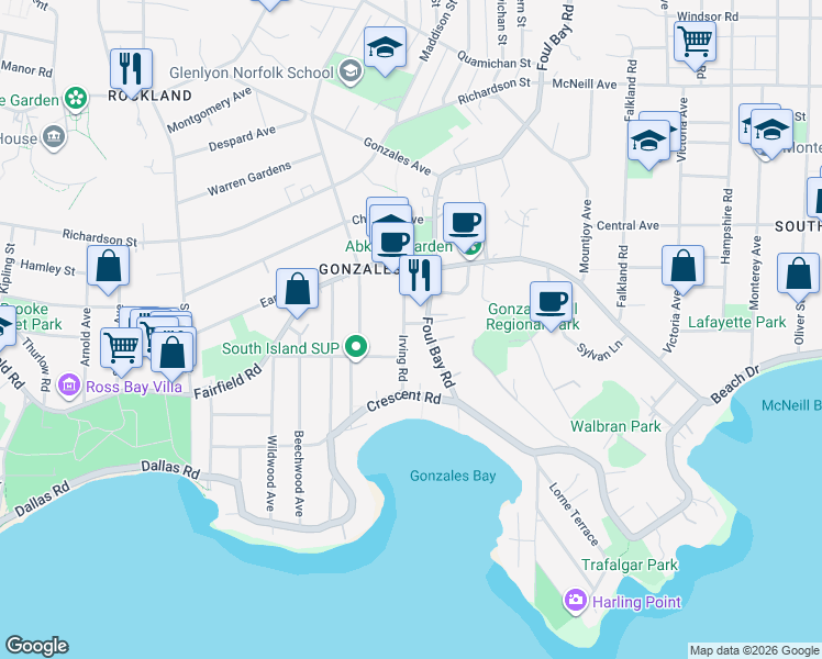 map of restaurants, bars, coffee shops, grocery stores, and more near 325 Irving Road in Victoria
