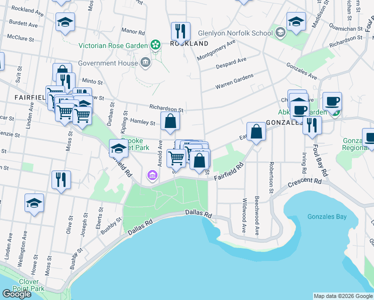 map of restaurants, bars, coffee shops, grocery stores, and more near 1550 Earle Place in Victoria