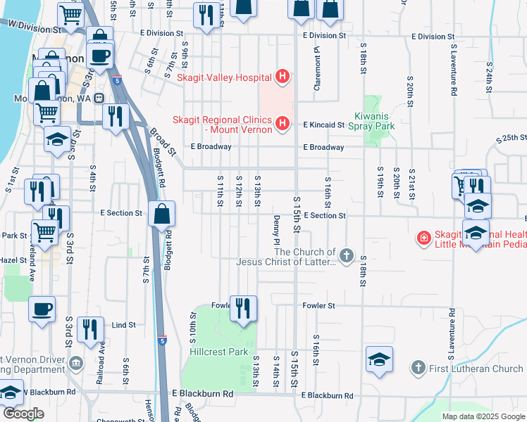 map of restaurants, bars, coffee shops, grocery stores, and more near 1120 South 13th Street in Mount Vernon
