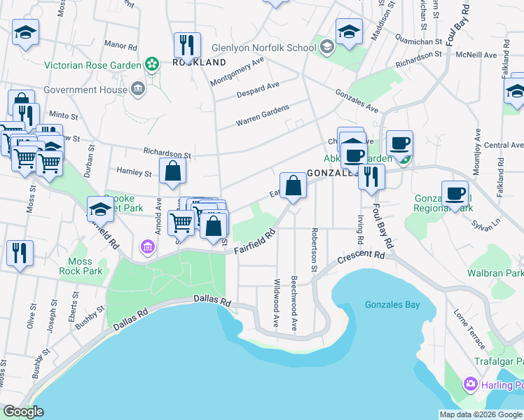 map of restaurants, bars, coffee shops, grocery stores, and more near 1653 Earle Street in Victoria