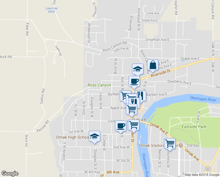 map of restaurants, bars, coffee shops, grocery stores, and more near 215 Birch Street North in Omak