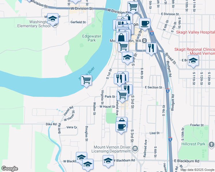 map of restaurants, bars, coffee shops, grocery stores, and more near 511 West Section Street in Mount Vernon