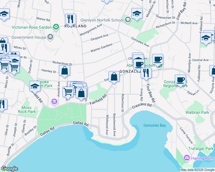 map of restaurants, bars, coffee shops, grocery stores, and more near 1653 Earle Street in Victoria