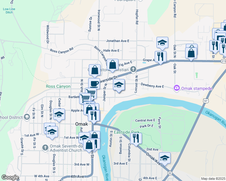 map of restaurants, bars, coffee shops, grocery stores, and more near 215 Kenwood Street North in Omak