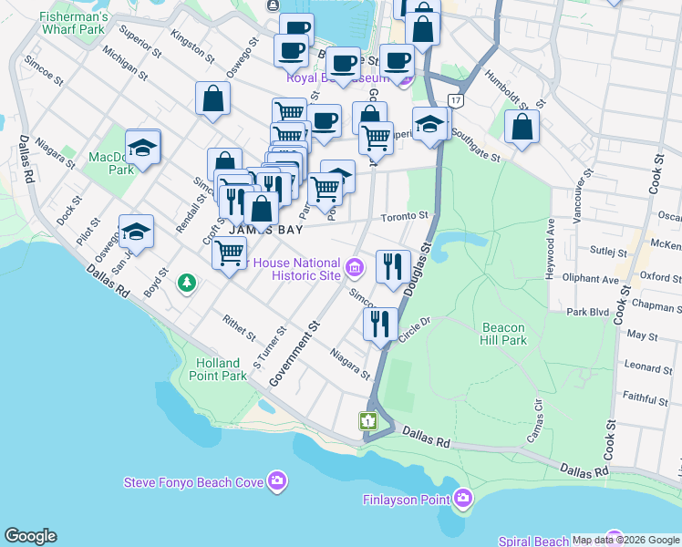 map of restaurants, bars, coffee shops, grocery stores, and more near 208 Government Street in Victoria