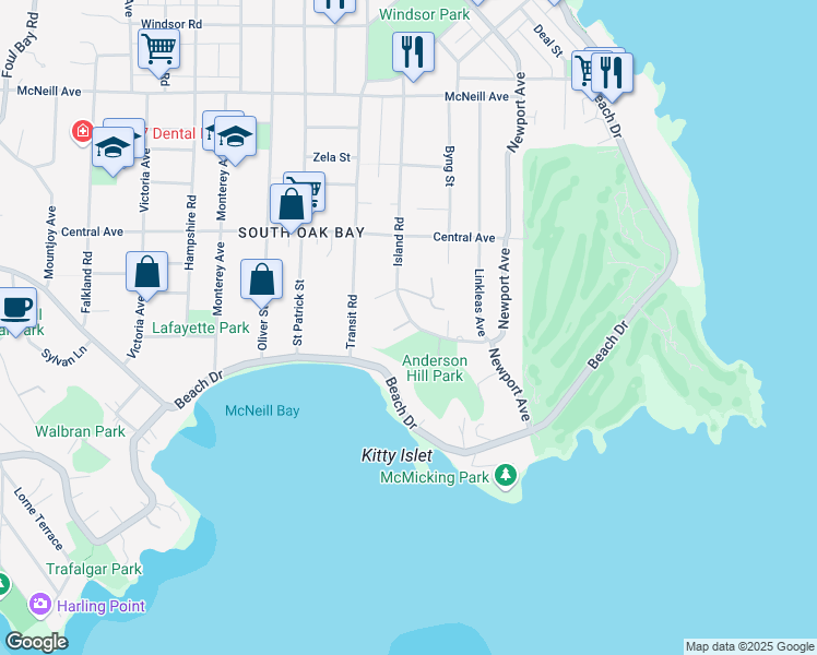 map of restaurants, bars, coffee shops, grocery stores, and more near 566 Island Road in Victoria