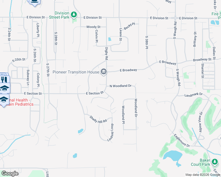 map of restaurants, bars, coffee shops, grocery stores, and more near 3400 North Woodland Drive in Mount Vernon