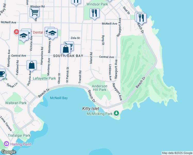 map of restaurants, bars, coffee shops, grocery stores, and more near 566 Island Road in Victoria