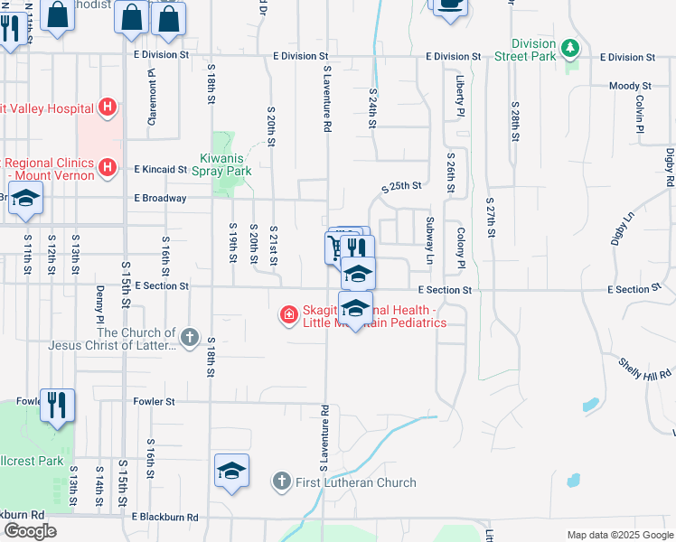 map of restaurants, bars, coffee shops, grocery stores, and more near 2323 East Section Street in Mount Vernon