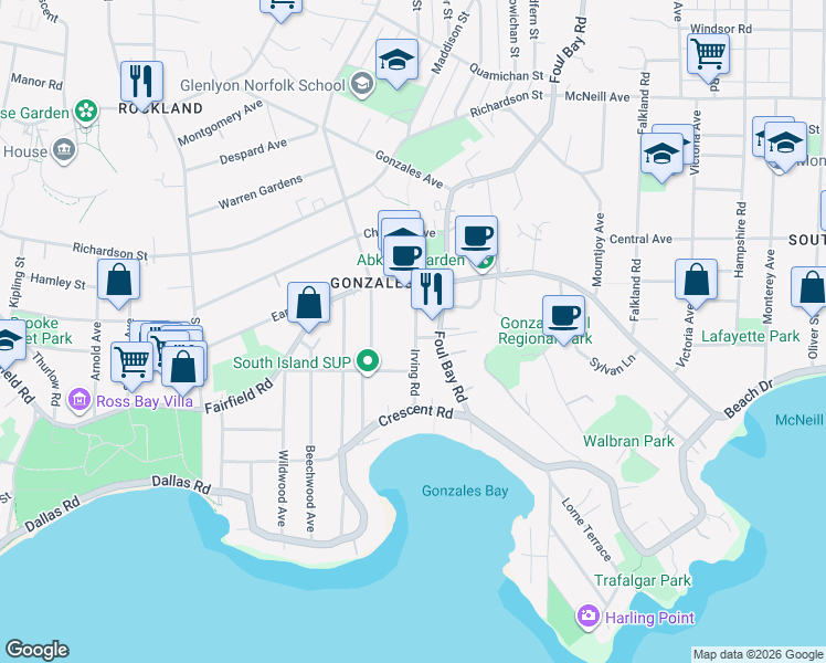 map of restaurants, bars, coffee shops, grocery stores, and more near in Victoria