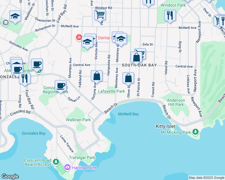 map of restaurants, bars, coffee shops, grocery stores, and more near 2200 Lafayette Street in Victoria
