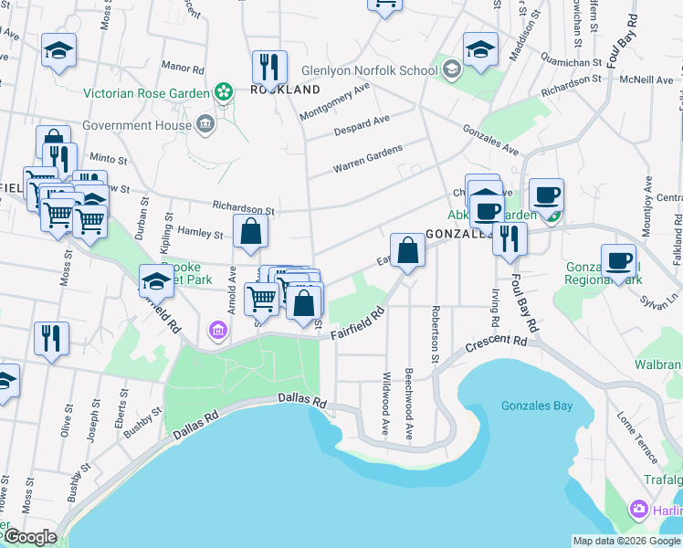 map of restaurants, bars, coffee shops, grocery stores, and more near 1628 Earle Street in Victoria