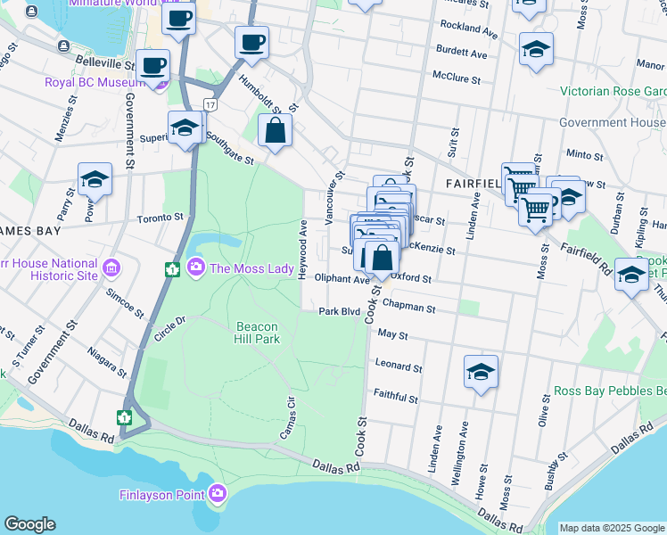 map of restaurants, bars, coffee shops, grocery stores, and more near 311 Vancouver Street in Victoria