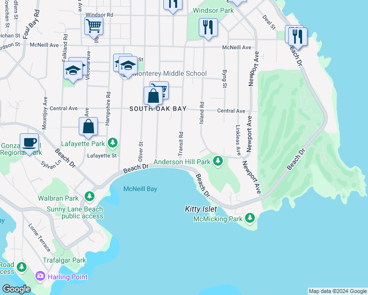 map of restaurants, bars, coffee shops, grocery stores, and more near 525 Transit Road in Victoria