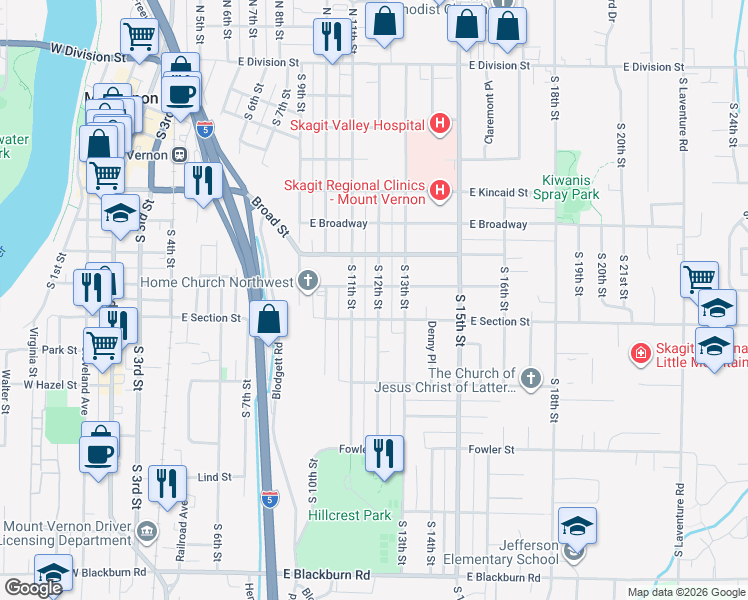 map of restaurants, bars, coffee shops, grocery stores, and more near 1117 South 12th Street in Mount Vernon