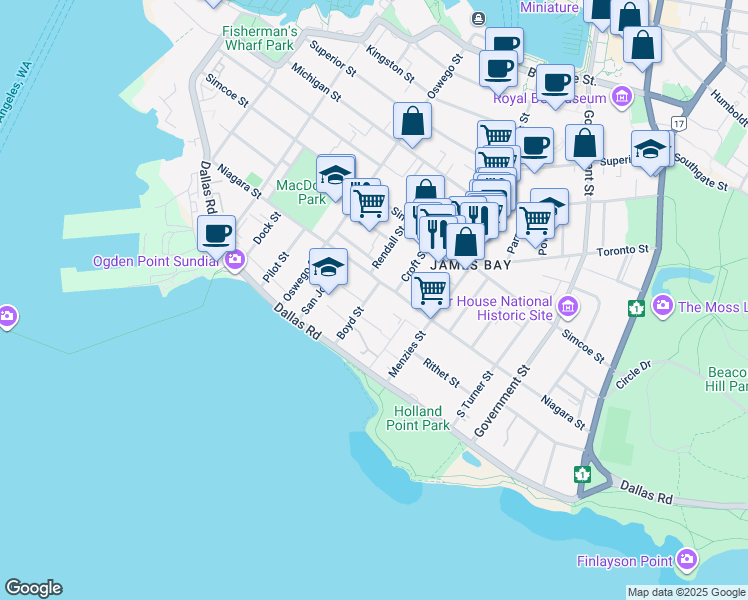 map of restaurants, bars, coffee shops, grocery stores, and more near 45 Boyd Street in Victoria