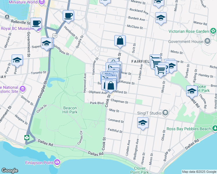map of restaurants, bars, coffee shops, grocery stores, and more near 240 Cook Street in Victoria