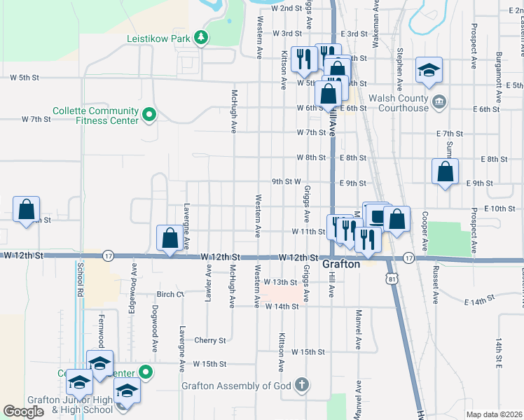 map of restaurants, bars, coffee shops, grocery stores, and more near 1023 Western Avenue in Grafton