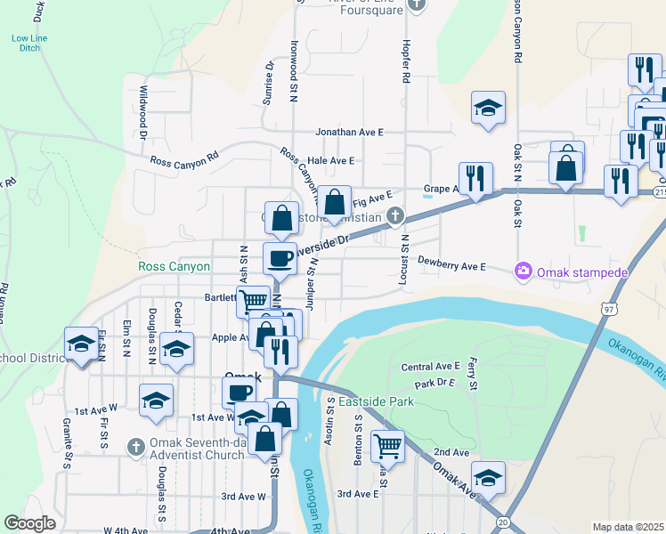 map of restaurants, bars, coffee shops, grocery stores, and more near 215 Kenwood Street North in Omak