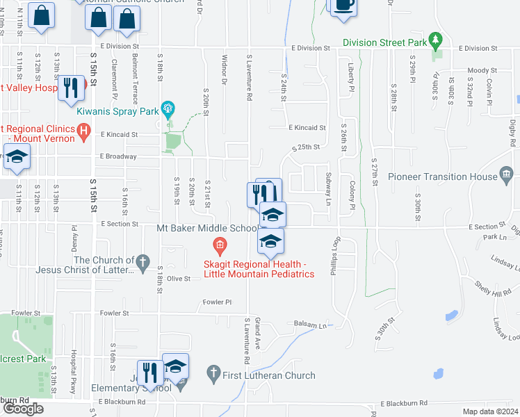 map of restaurants, bars, coffee shops, grocery stores, and more near 2323 East Section Street in Mount Vernon