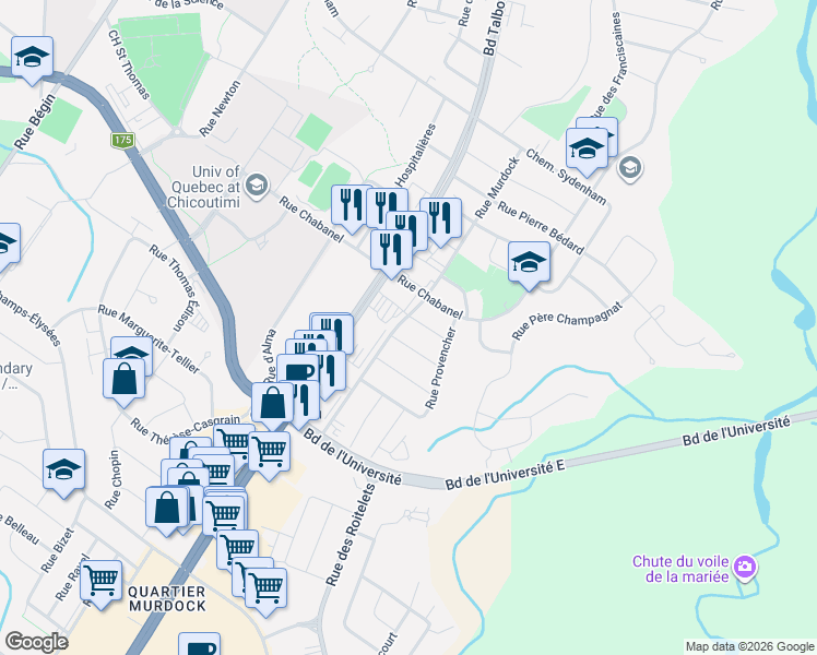 map of restaurants, bars, coffee shops, grocery stores, and more near 875 Rue Murdock in Saguenay