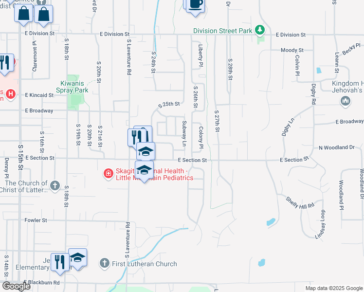 map of restaurants, bars, coffee shops, grocery stores, and more near 1120 South 25th Street in Mount Vernon