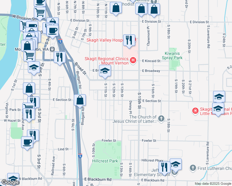 map of restaurants, bars, coffee shops, grocery stores, and more near 1106 South 12th Street in Mount Vernon