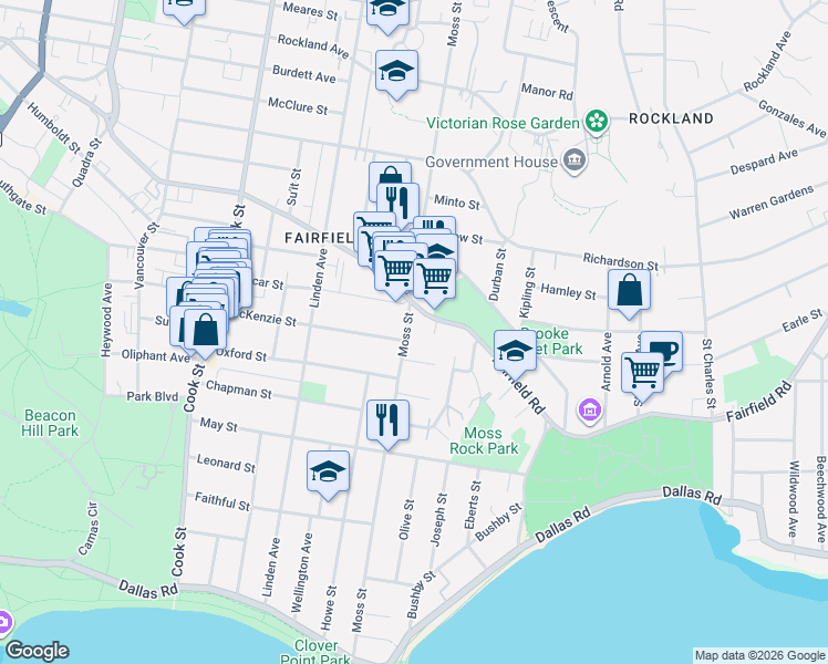 map of restaurants, bars, coffee shops, grocery stores, and more near 1324 Franklin Terrace in Victoria