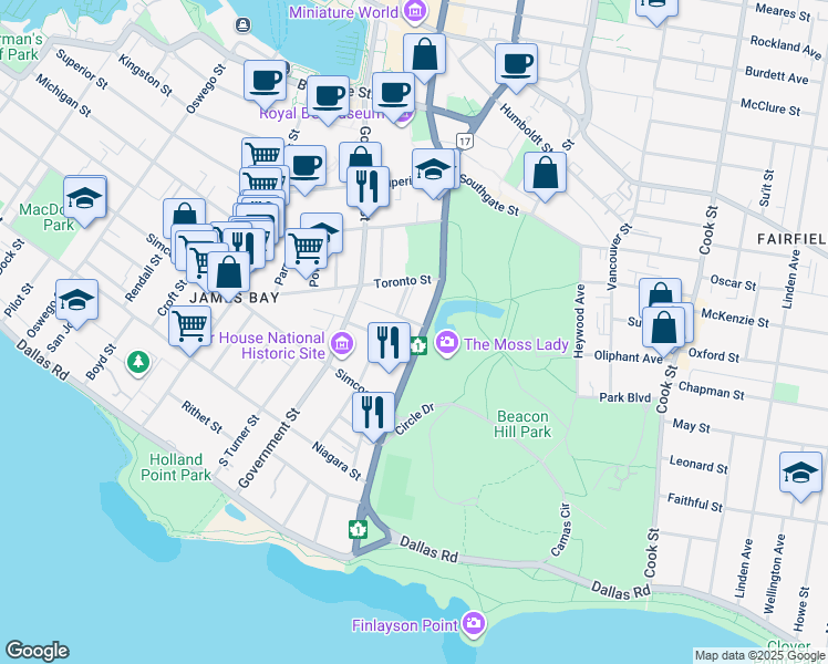 map of restaurants, bars, coffee shops, grocery stores, and more near 240 Douglas Street in Victoria