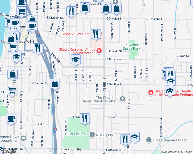 map of restaurants, bars, coffee shops, grocery stores, and more near 1417 East Section Street in Mount Vernon