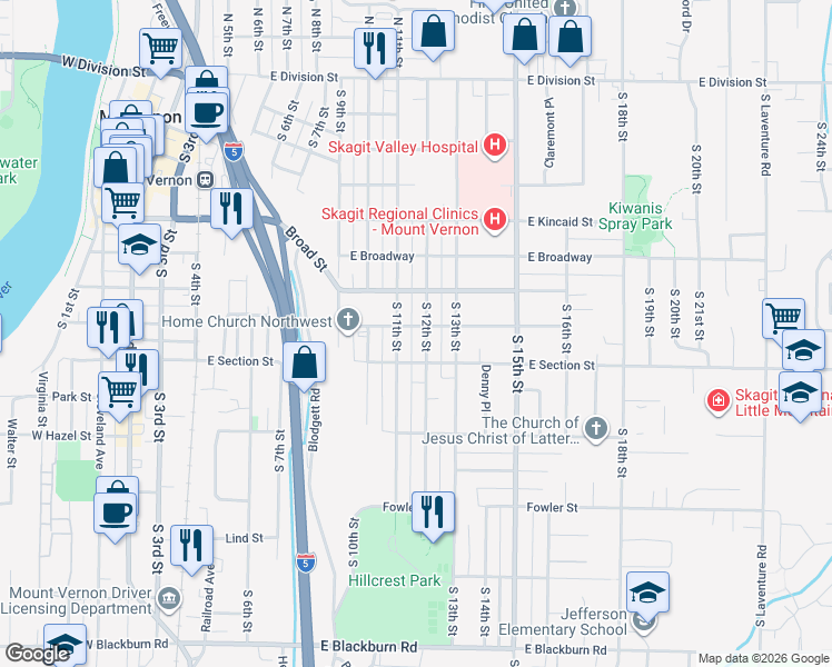 map of restaurants, bars, coffee shops, grocery stores, and more near 1117 South 12th Street in Mount Vernon