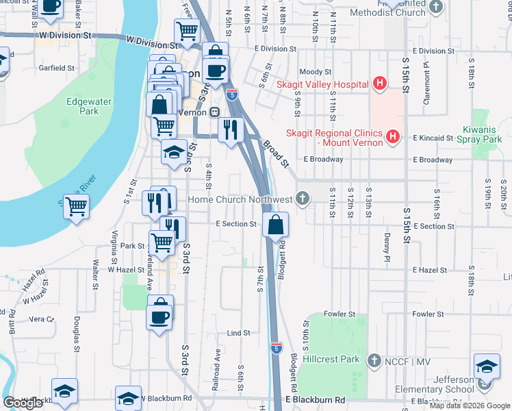 map of restaurants, bars, coffee shops, grocery stores, and more near 319 South 7th Street in Mount Vernon