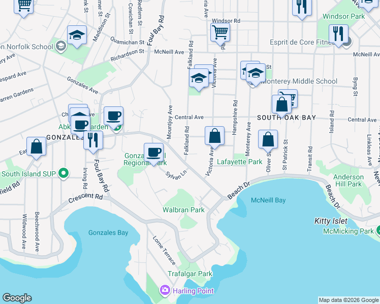 map of restaurants, bars, coffee shops, grocery stores, and more near 120 Beach Drive in Victoria