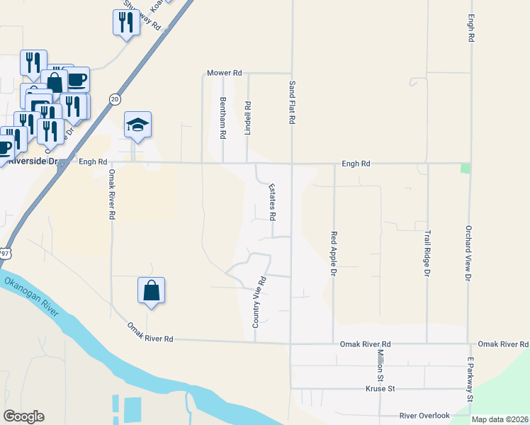 map of restaurants, bars, coffee shops, grocery stores, and more near 31 Sand Flat Road in Omak