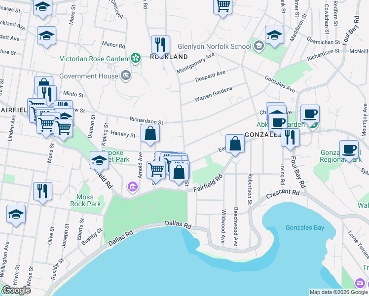 map of restaurants, bars, coffee shops, grocery stores, and more near 366 Saint Charles Street in Victoria