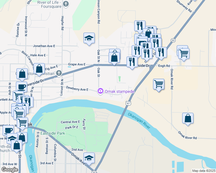 map of restaurants, bars, coffee shops, grocery stores, and more near 628 Dewberry Avenue East in Omak
