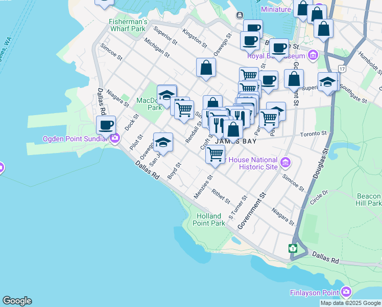 map of restaurants, bars, coffee shops, grocery stores, and more near 420 Luxton Avenue in Victoria