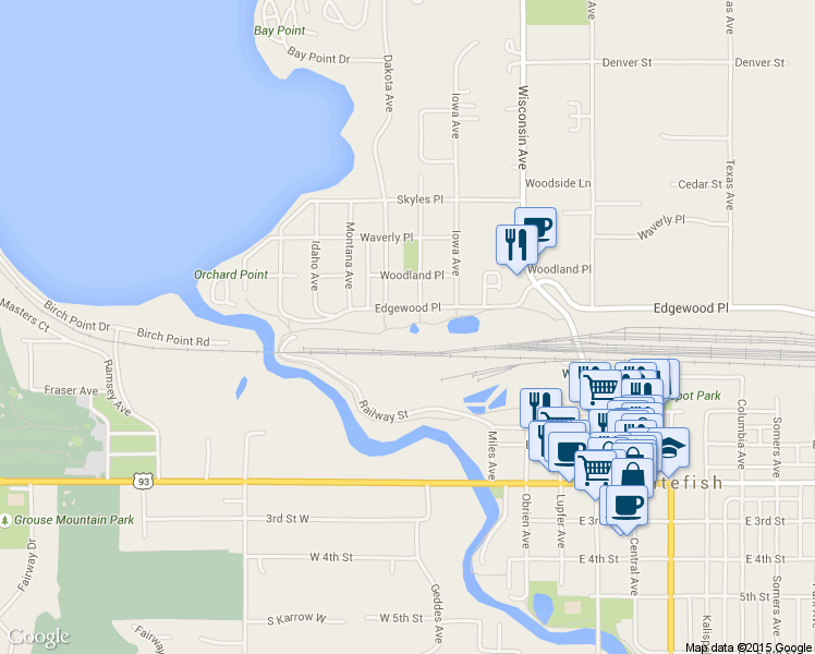 map of restaurants, bars, coffee shops, grocery stores, and more near Whitefish Bike and Pedestrian Trail in Whitefish