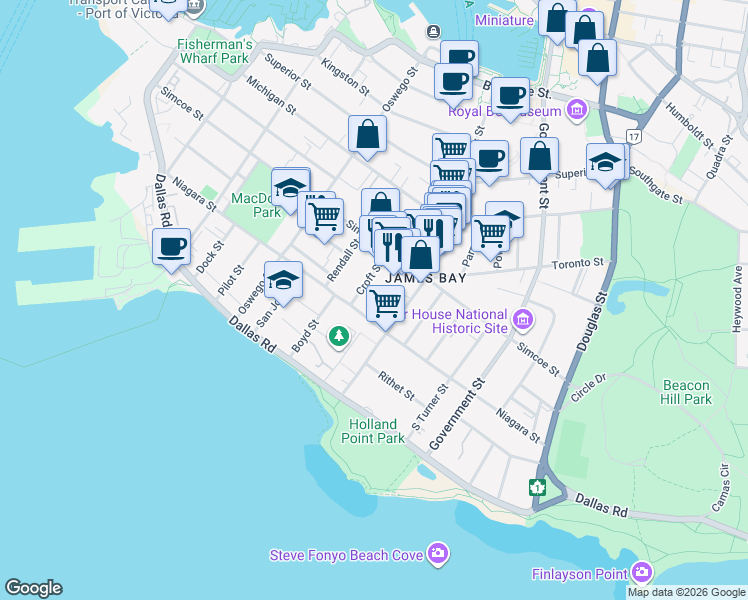 map of restaurants, bars, coffee shops, grocery stores, and more near 118 Menzies Street in Victoria