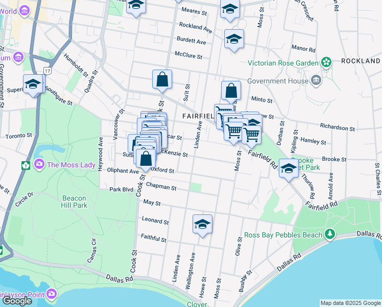 map of restaurants, bars, coffee shops, grocery stores, and more near 1177 Oscar Street in Victoria