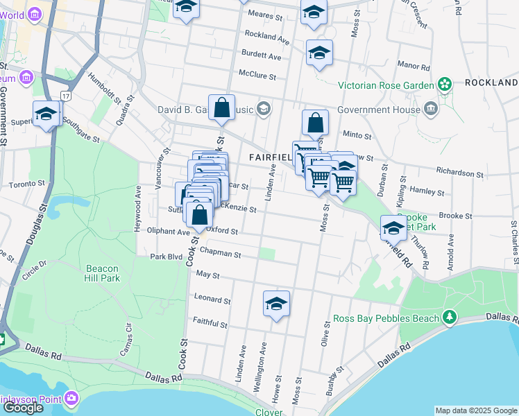map of restaurants, bars, coffee shops, grocery stores, and more near 1177 Oscar Street in Victoria