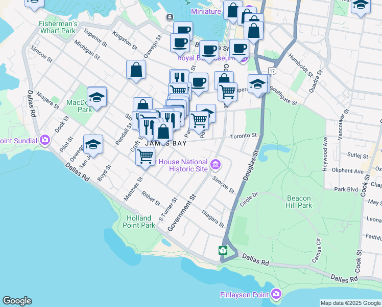 map of restaurants, bars, coffee shops, grocery stores, and more near 562 Simcoe Street in Victoria