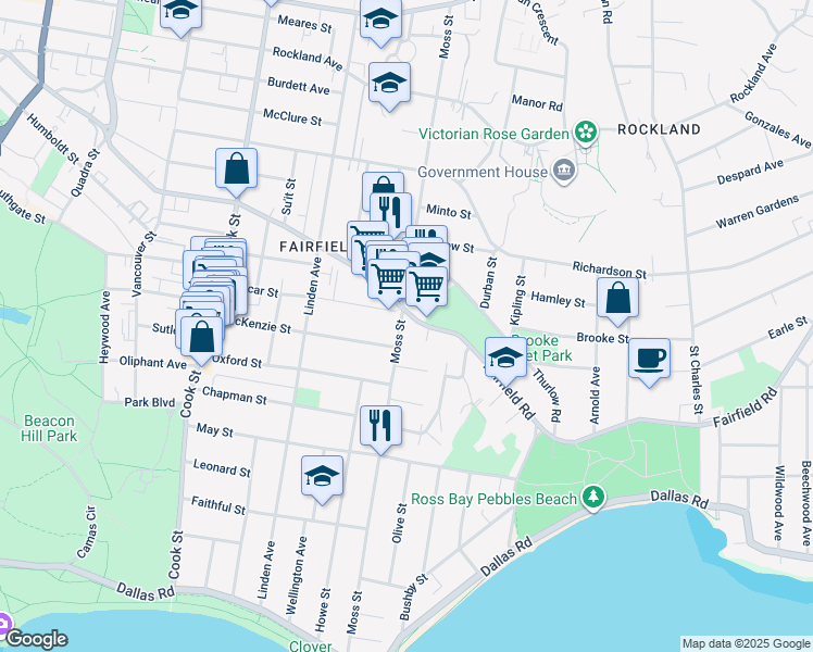 map of restaurants, bars, coffee shops, grocery stores, and more near in Victoria
