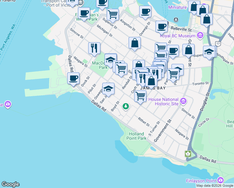 map of restaurants, bars, coffee shops, grocery stores, and more near 78 San Jose Avenue in Victoria