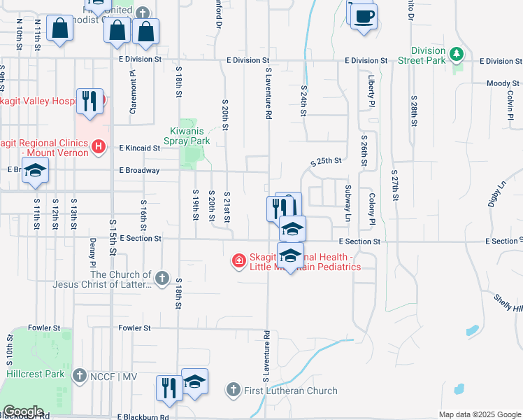 map of restaurants, bars, coffee shops, grocery stores, and more near 924 South 21st Place in Mount Vernon